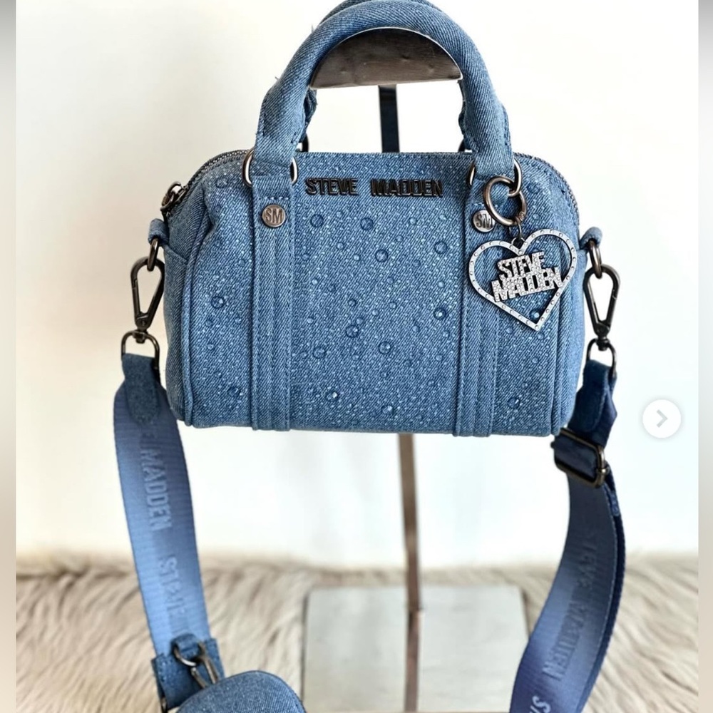 Steve Madden Denim Mini Satchel Crossbody Logo Strap Heart Charm NWT